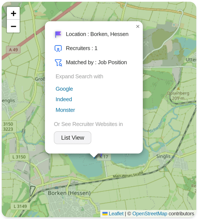 search result pin panel with external links